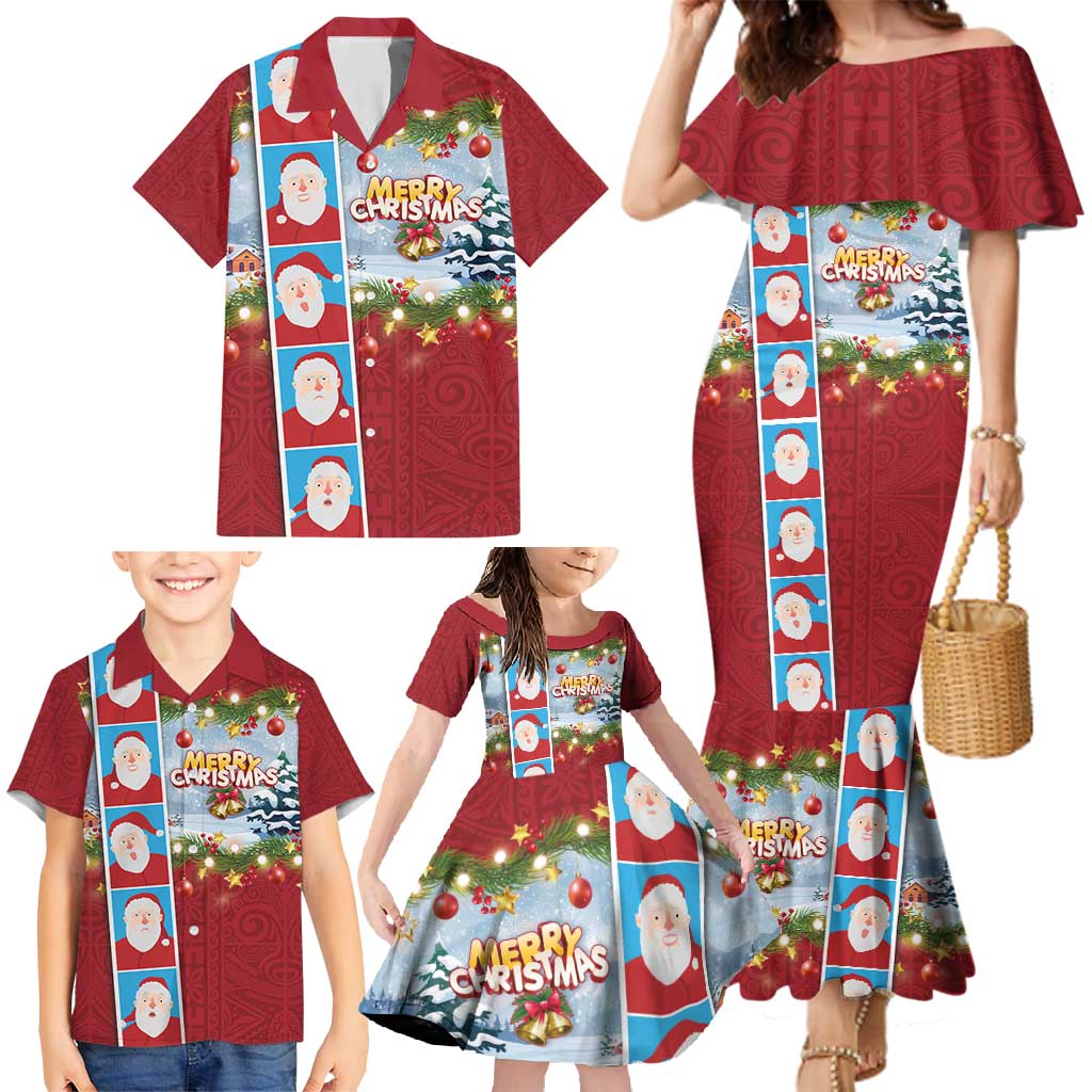 Merry Christmas Family Matching Mermaid Dress and Hawaiian Shirt Funny Santa Claus Cards Photo and Polynesian Pattern Red Color