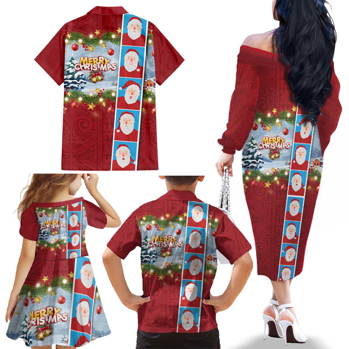 Merry Christmas Family Matching Off The Shoulder Long Sleeve Dress and Hawaiian Shirt Funny Santa Claus Cards Photo and Polynesian Pattern Red Color