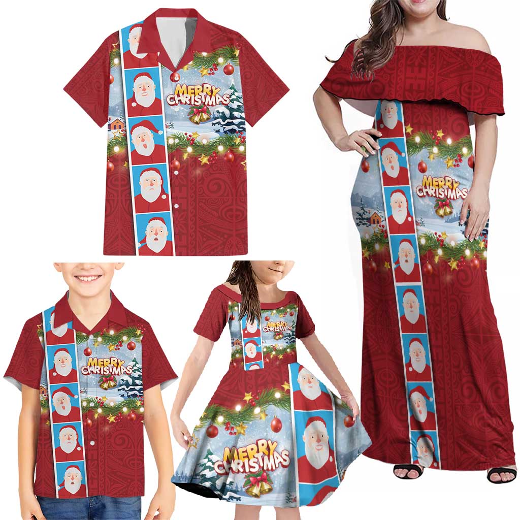 Merry Christmas Family Matching Off Shoulder Maxi Dress and Hawaiian Shirt Funny Santa Claus Cards Photo and Polynesian Pattern Red Color