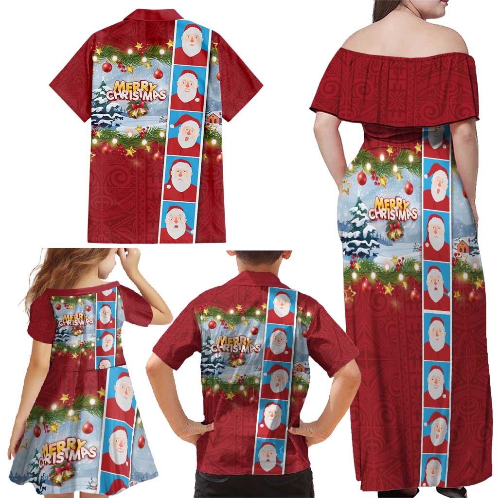 Merry Christmas Family Matching Off Shoulder Maxi Dress and Hawaiian Shirt Funny Santa Claus Cards Photo and Polynesian Pattern Red Color