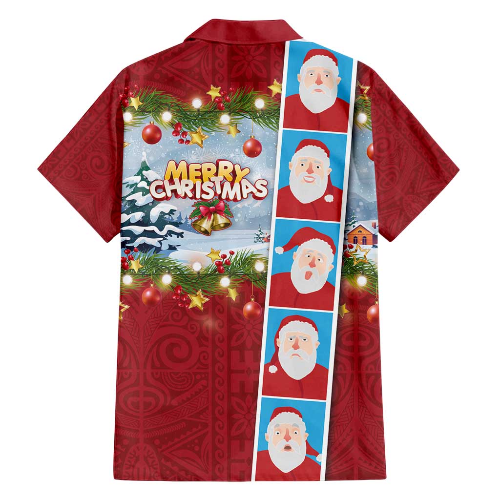 Merry Christmas Family Matching Off Shoulder Maxi Dress and Hawaiian Shirt Funny Santa Claus Cards Photo and Polynesian Pattern Red Color