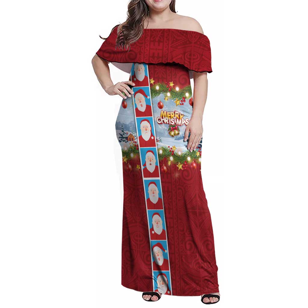 Merry Christmas Family Matching Off Shoulder Maxi Dress and Hawaiian Shirt Funny Santa Claus Cards Photo and Polynesian Pattern Red Color