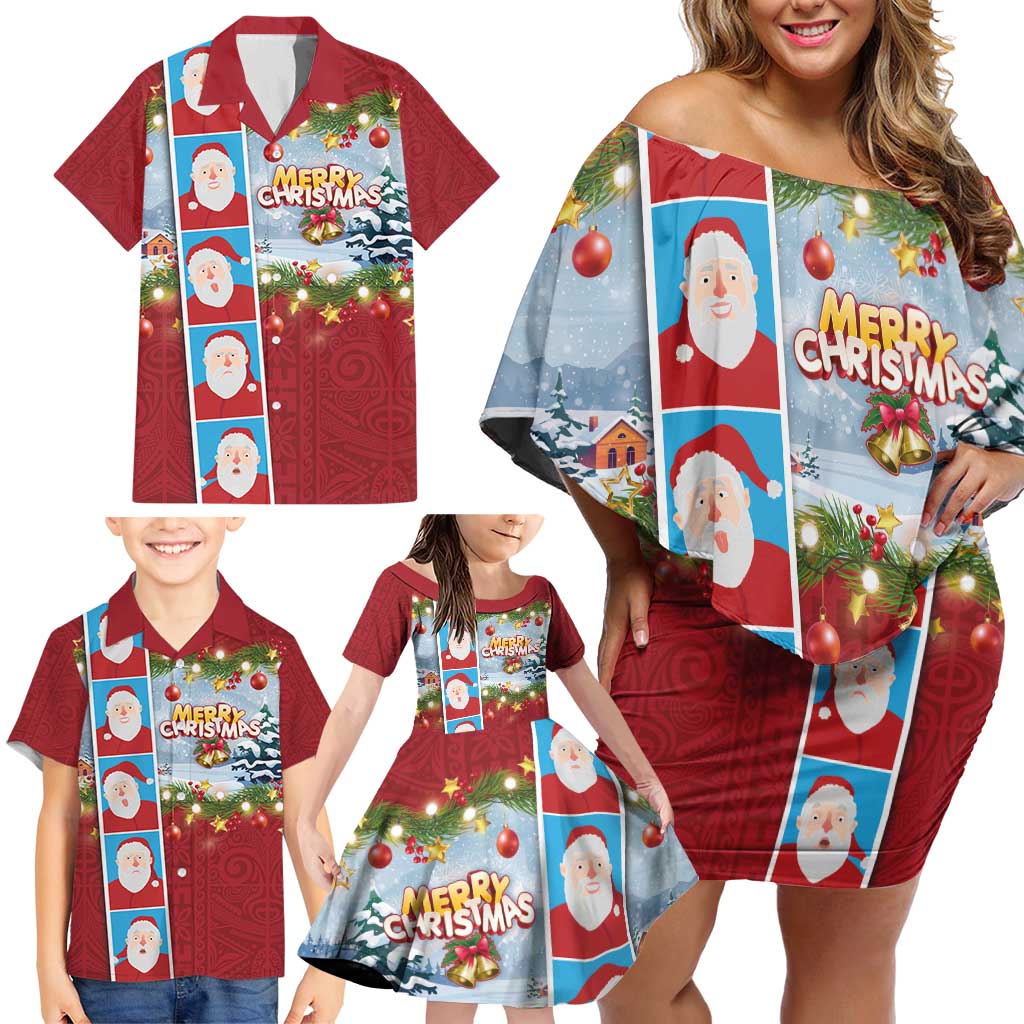 Merry Christmas Family Matching Off Shoulder Short Dress and Hawaiian Shirt Funny Santa Claus Cards Photo and Polynesian Pattern Red Color