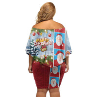 Merry Christmas Family Matching Off Shoulder Short Dress and Hawaiian Shirt Funny Santa Claus Cards Photo and Polynesian Pattern Red Color