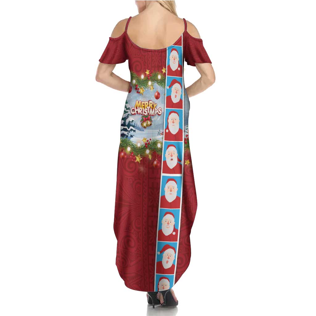 Merry Christmas Family Matching Summer Maxi Dress and Hawaiian Shirt Funny Santa Claus Cards Photo and Polynesian Pattern Red Color