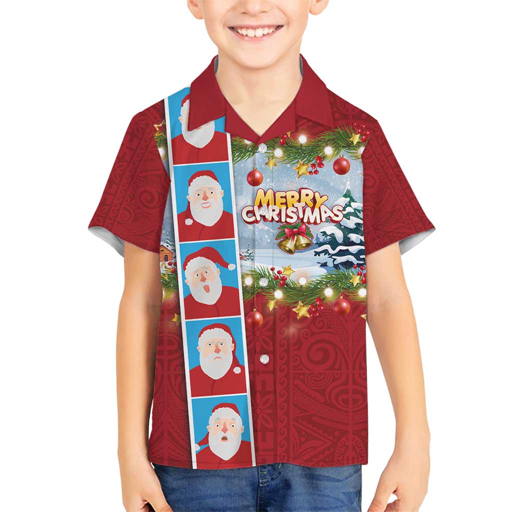 Merry Christmas Family Matching Summer Maxi Dress and Hawaiian Shirt Funny Santa Claus Cards Photo and Polynesian Pattern Red Color