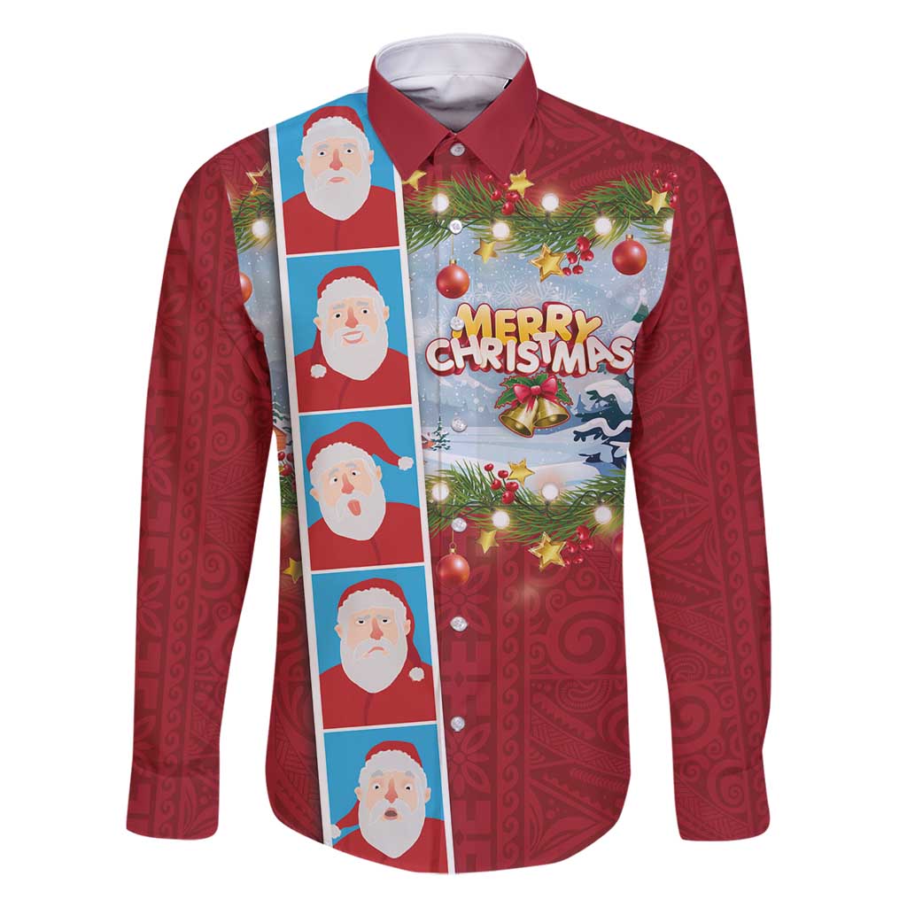 Merry Christmas Family Matching Tank Maxi Dress and Hawaiian Shirt Funny Santa Claus Cards Photo and Polynesian Pattern Red Color