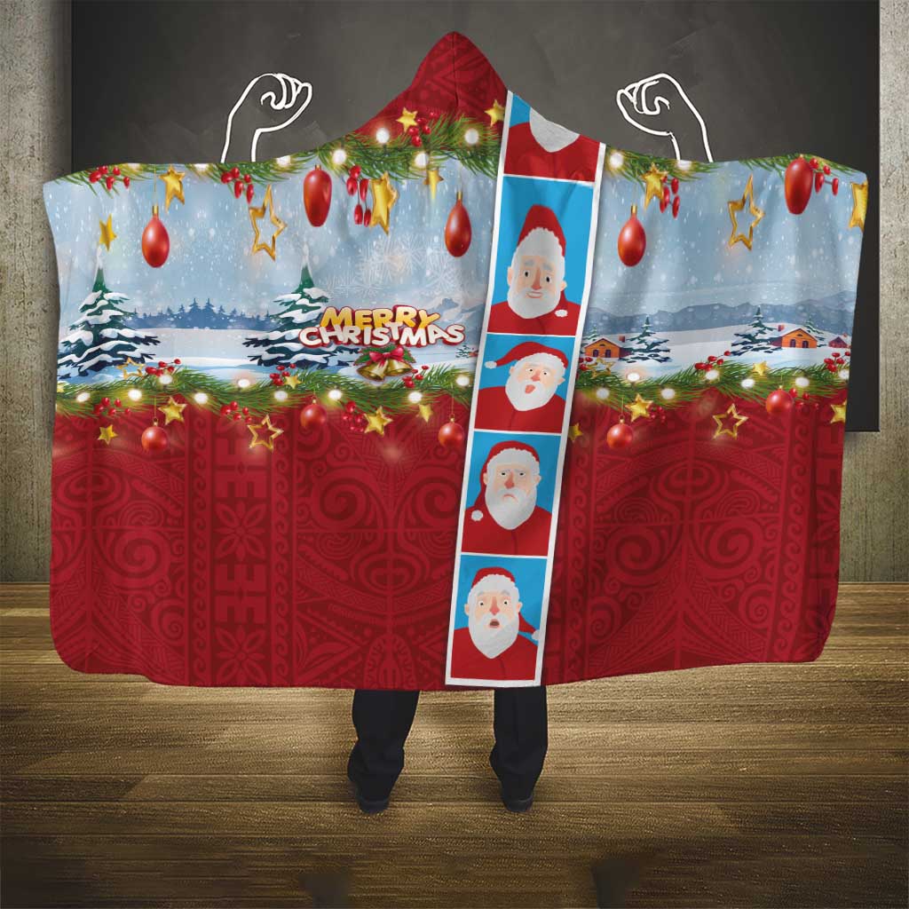 Merry Christmas Hooded Blanket Funny Santa Claus Cards Photo and Polynesian Pattern Red Color LT03 - Polynesian Pride
