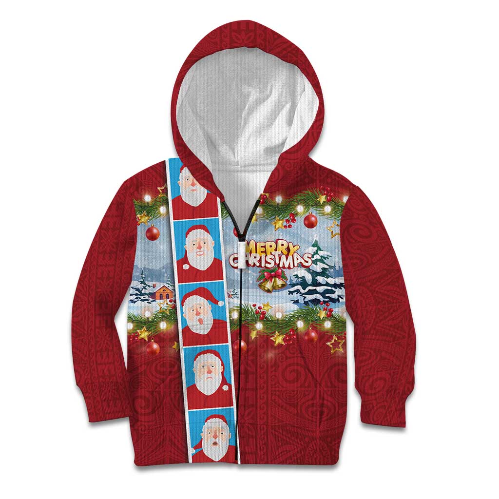 Merry Christmas Kid Hoodie Funny Santa Claus Cards Photo and Polynesian Pattern Red Color