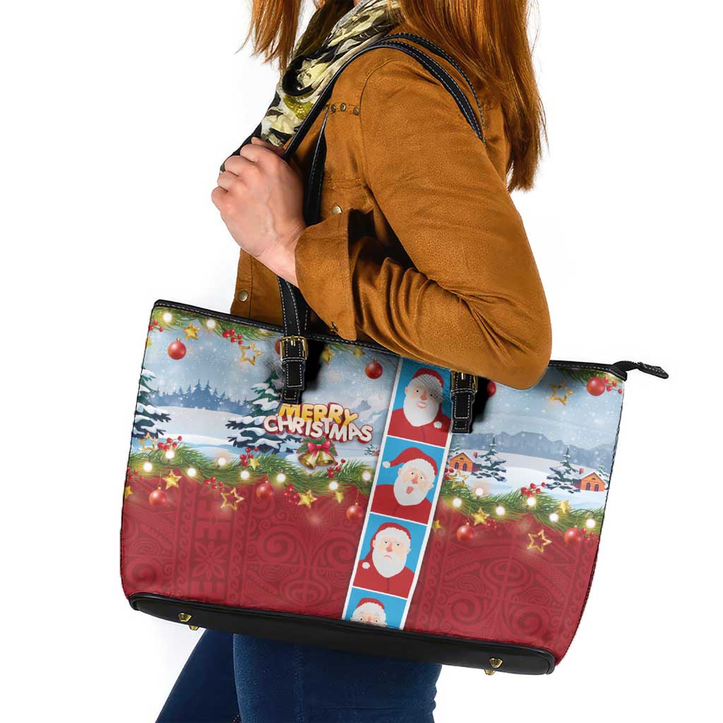 Merry Christmas Leather Tote Bag Funny Santa Claus Cards Photo and Polynesian Pattern Red Color LT03 Red - Polynesian Pride