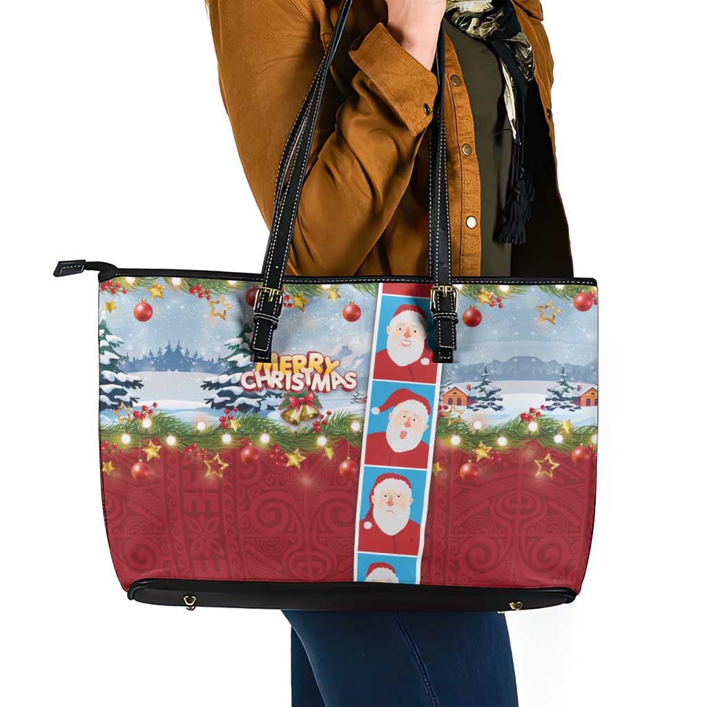Merry Christmas Leather Tote Bag Funny Santa Claus Cards Photo and Polynesian Pattern Red Color LT03 - Polynesian Pride