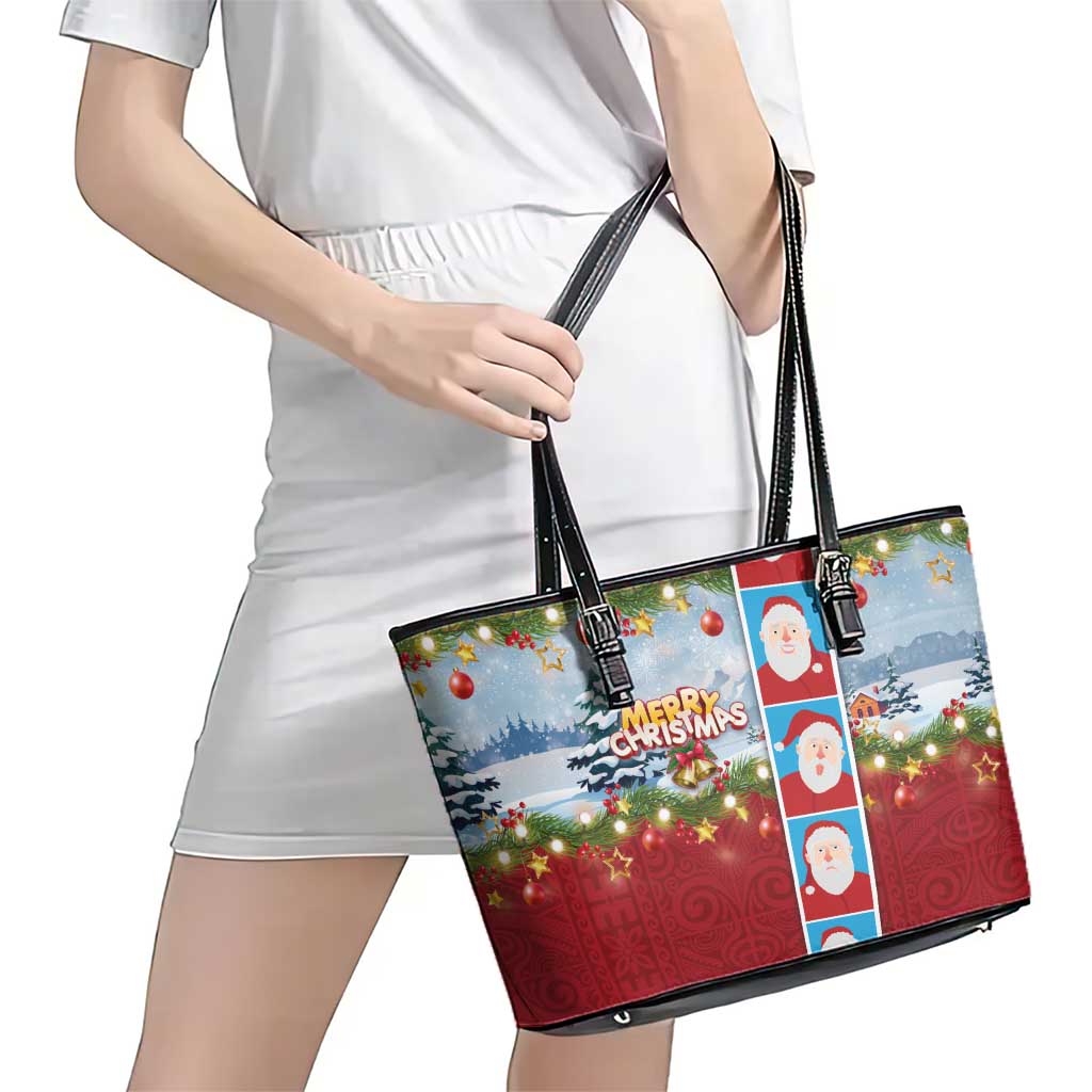 Merry Christmas Leather Tote Bag Funny Santa Claus Cards Photo and Polynesian Pattern Red Color LT03 - Polynesian Pride