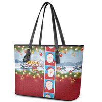Merry Christmas Leather Tote Bag Funny Santa Claus Cards Photo and Polynesian Pattern Red Color LT03 - Polynesian Pride