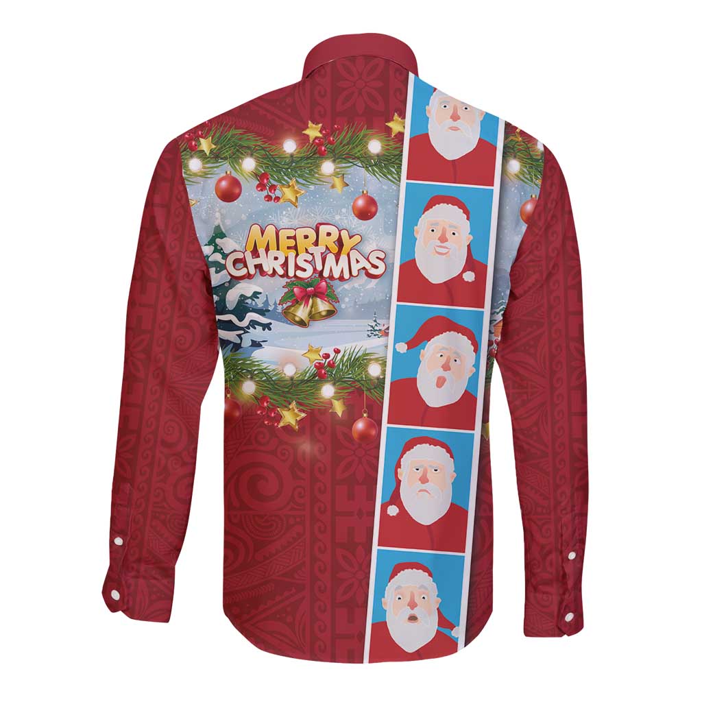 Merry Christmas Long Sleeve Button Shirt Funny Santa Claus Cards Photo and Polynesian Pattern Red Color