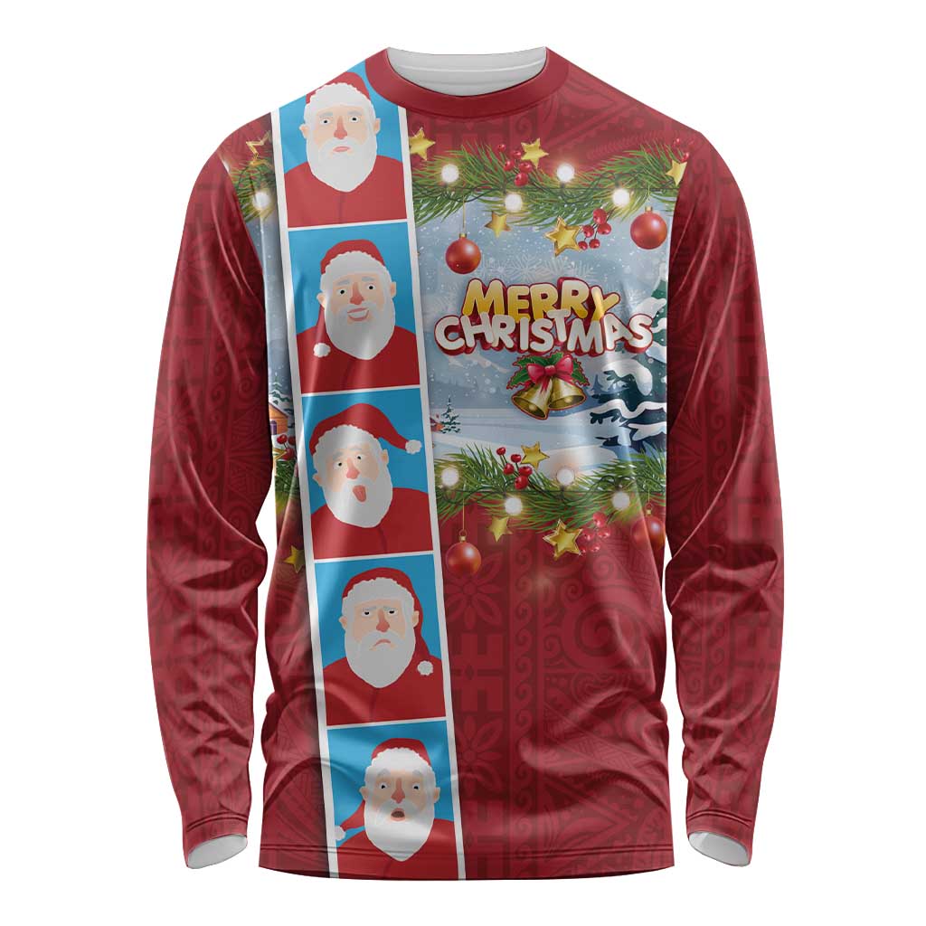 Merry Christmas Long Sleeve Shirt Funny Santa Claus Cards Photo and Polynesian Pattern Red Color