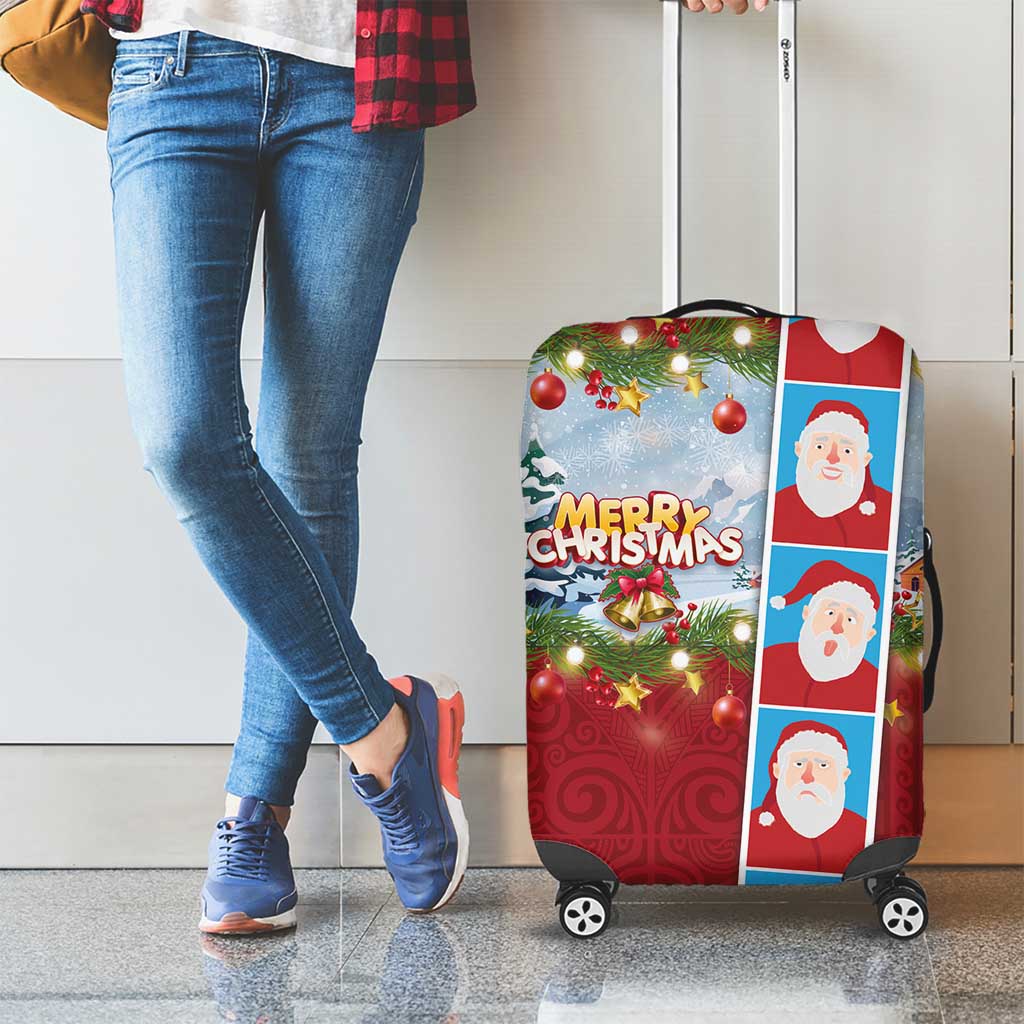 Merry Christmas Luggage Cover Funny Santa Claus Cards Photo and Polynesian Pattern Red Color