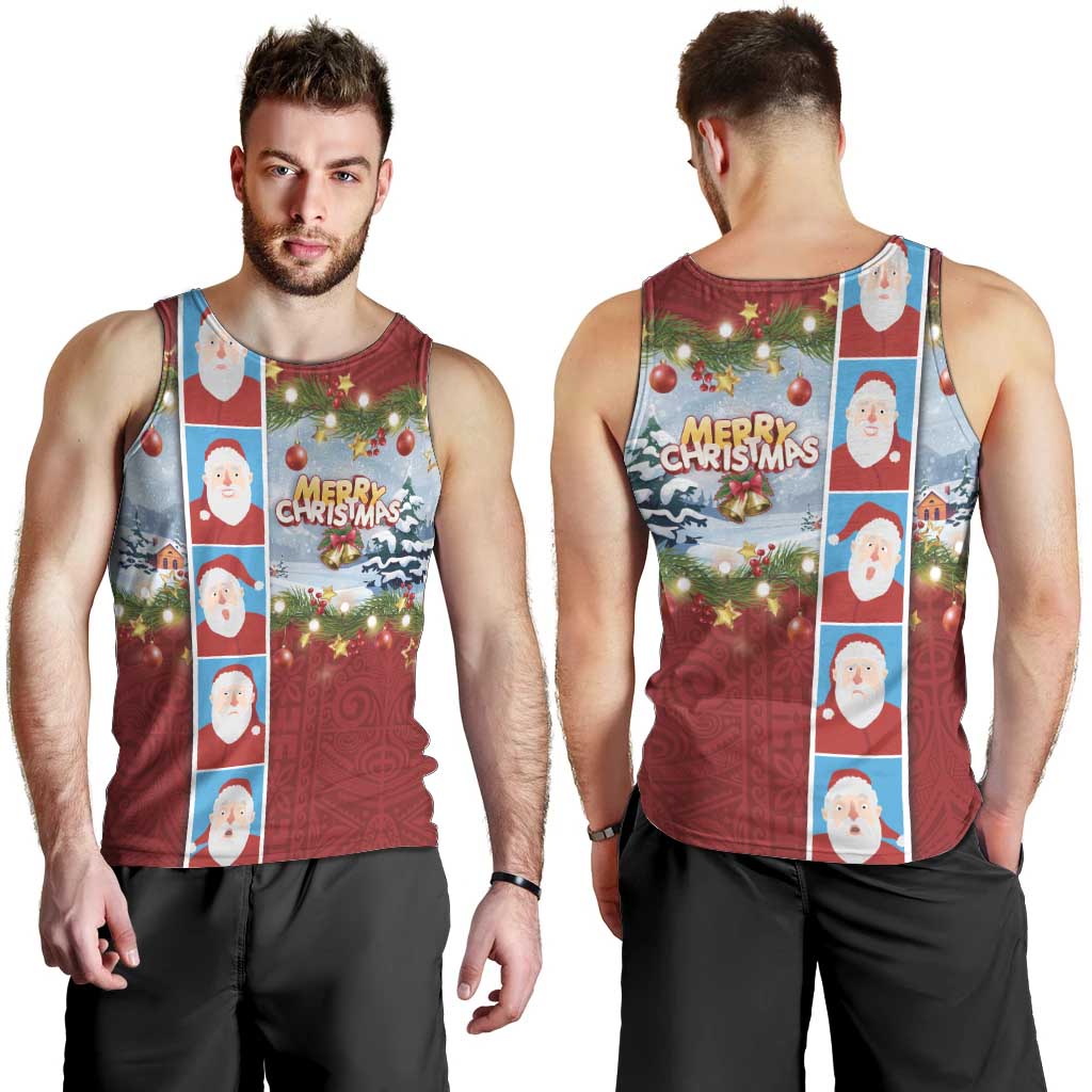 Merry Christmas Men Tank Top Funny Santa Claus Cards Photo and Polynesian Pattern Red Color LT03 - Polynesian Pride