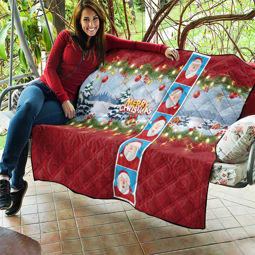Merry Christmas Quilt Funny Santa Claus Cards Photo and Polynesian Pattern Red Color