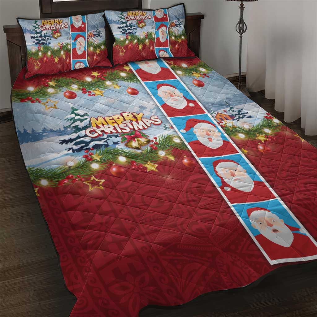 Merry Christmas Quilt Bed Set Funny Santa Claus Cards Photo and Polynesian Pattern Red Color LT03 Red - Polynesian Pride