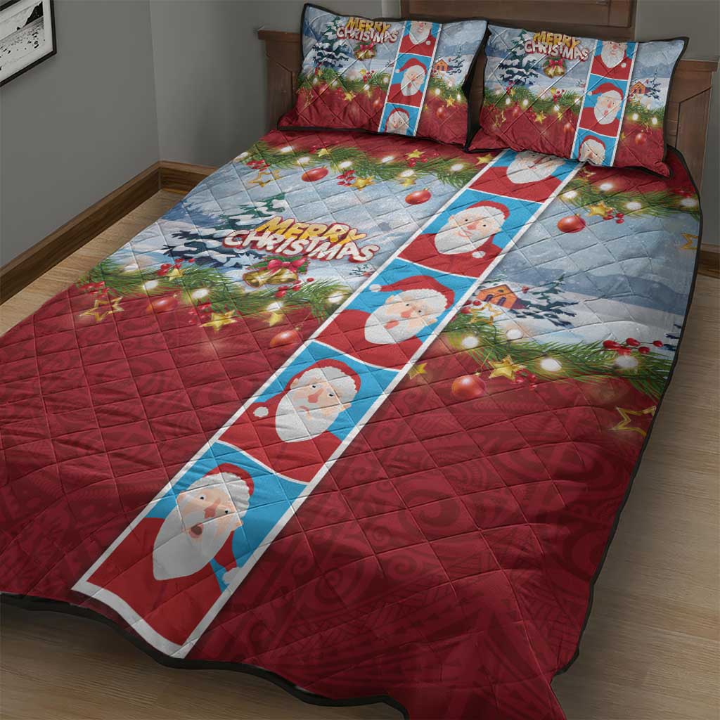 Merry Christmas Quilt Bed Set Funny Santa Claus Cards Photo and Polynesian Pattern Red Color LT03 - Polynesian Pride
