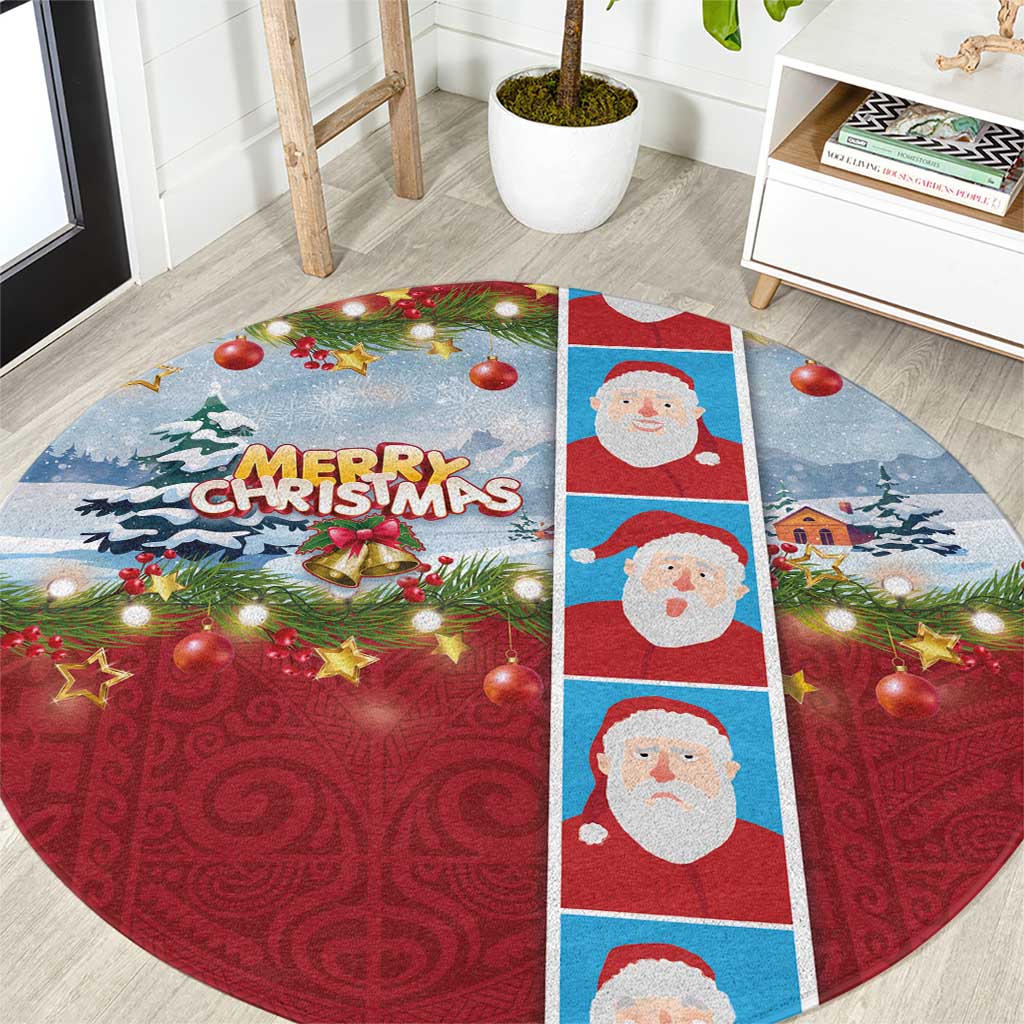 Merry Christmas Round Carpet Funny Santa Claus Cards Photo and Polynesian Pattern Red Color