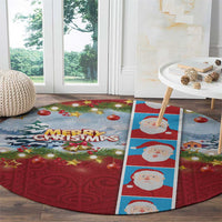 Merry Christmas Round Carpet Funny Santa Claus Cards Photo and Polynesian Pattern Red Color