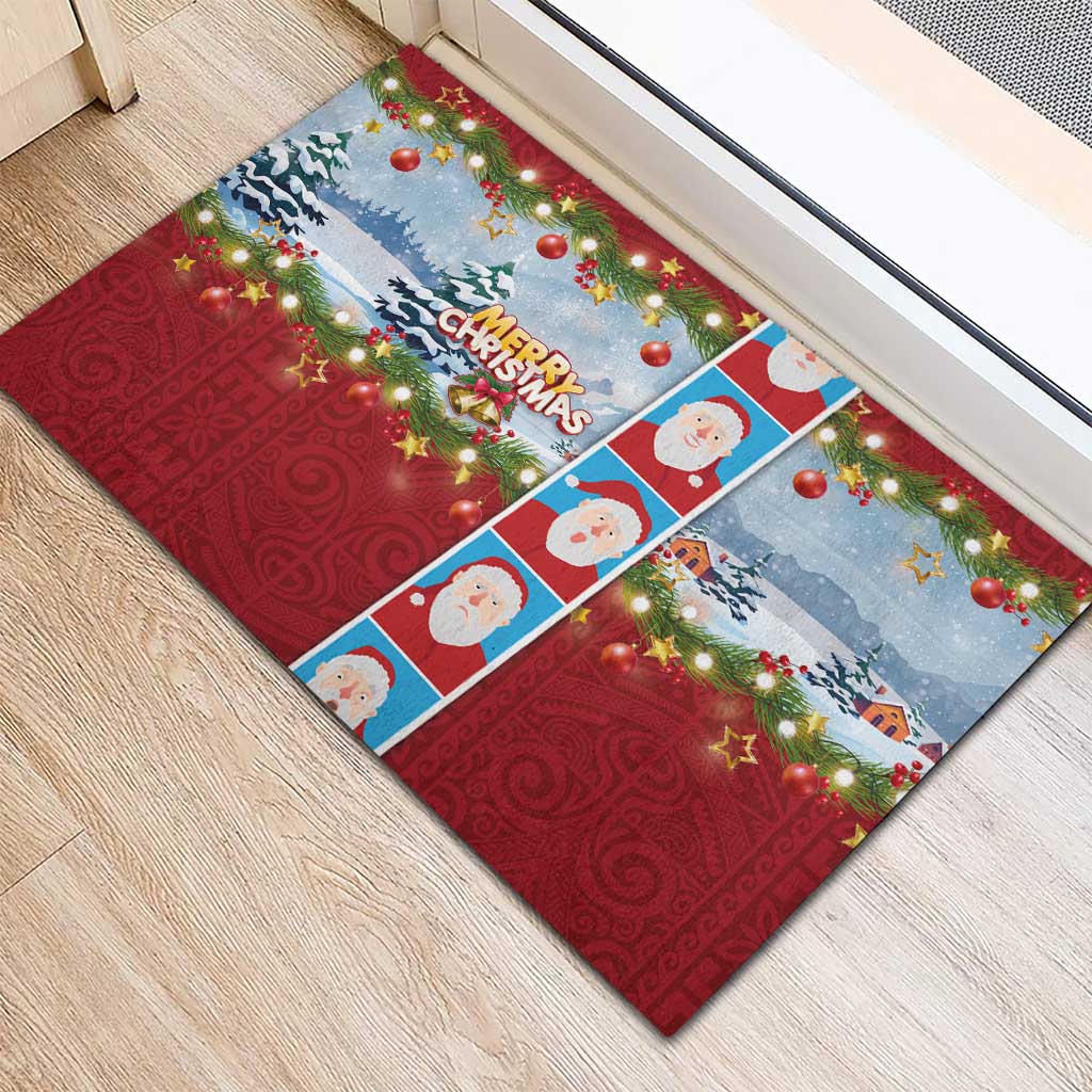 Merry Christmas Rubber Doormat Funny Santa Claus Cards Photo and Polynesian Pattern Red Color LT03 - Polynesian Pride