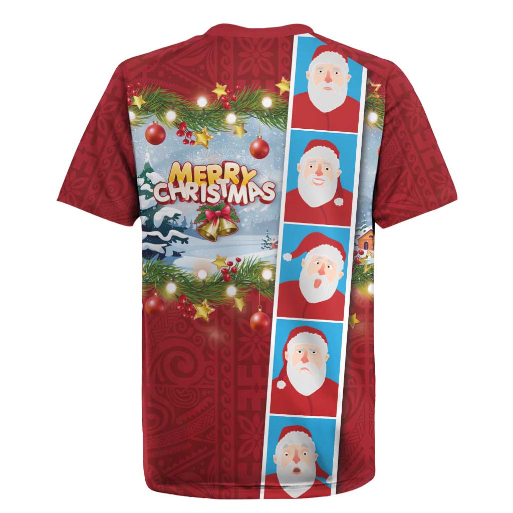 Merry Christmas Rugby Jersey Funny Santa Claus Cards Photo and Polynesian Pattern Red Color LT03 - Polynesian Pride