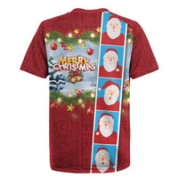 Merry Christmas Rugby Jersey Funny Santa Claus Cards Photo and Polynesian Pattern Red Color LT03 - Polynesian Pride