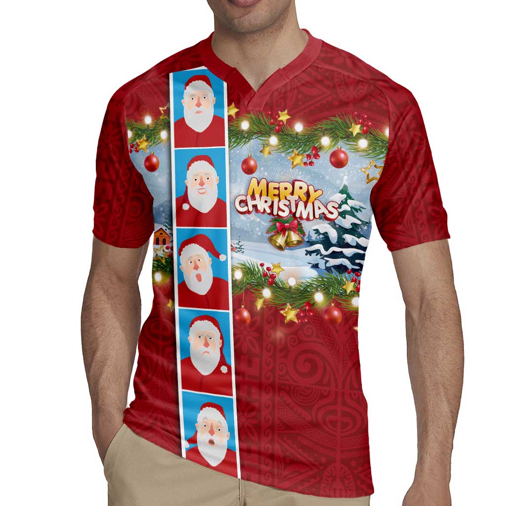 Merry Christmas Rugby Jersey Funny Santa Claus Cards Photo and Polynesian Pattern Red Color LT03 - Polynesian Pride