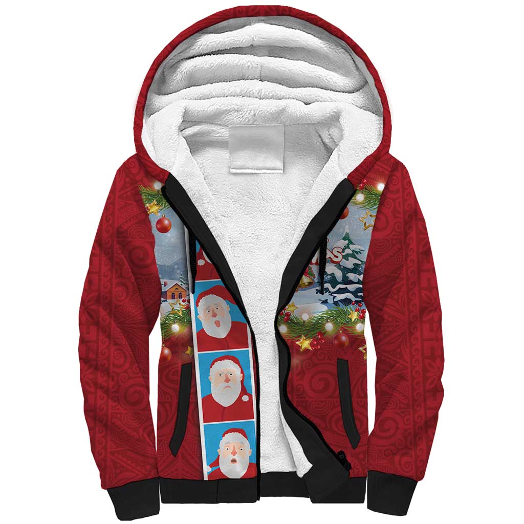 Merry Christmas Sherpa Hoodie Funny Santa Claus Cards Photo and Polynesian Pattern Red Color LT03 Unisex Red - Polynesian Pride