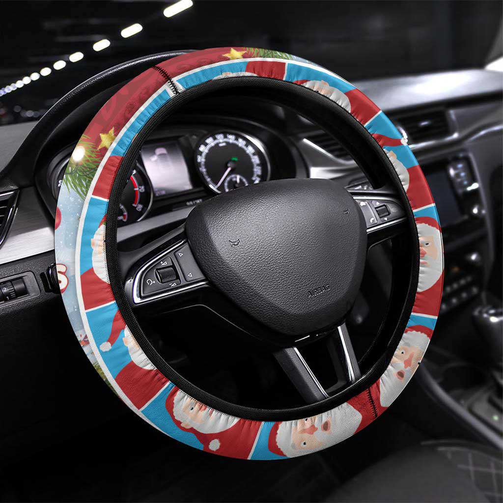 Merry Christmas Steering Wheel Cover Funny Santa Claus Cards Photo and Polynesian Pattern Red Color LT03 Universal Fit Red - Polynesian Pride