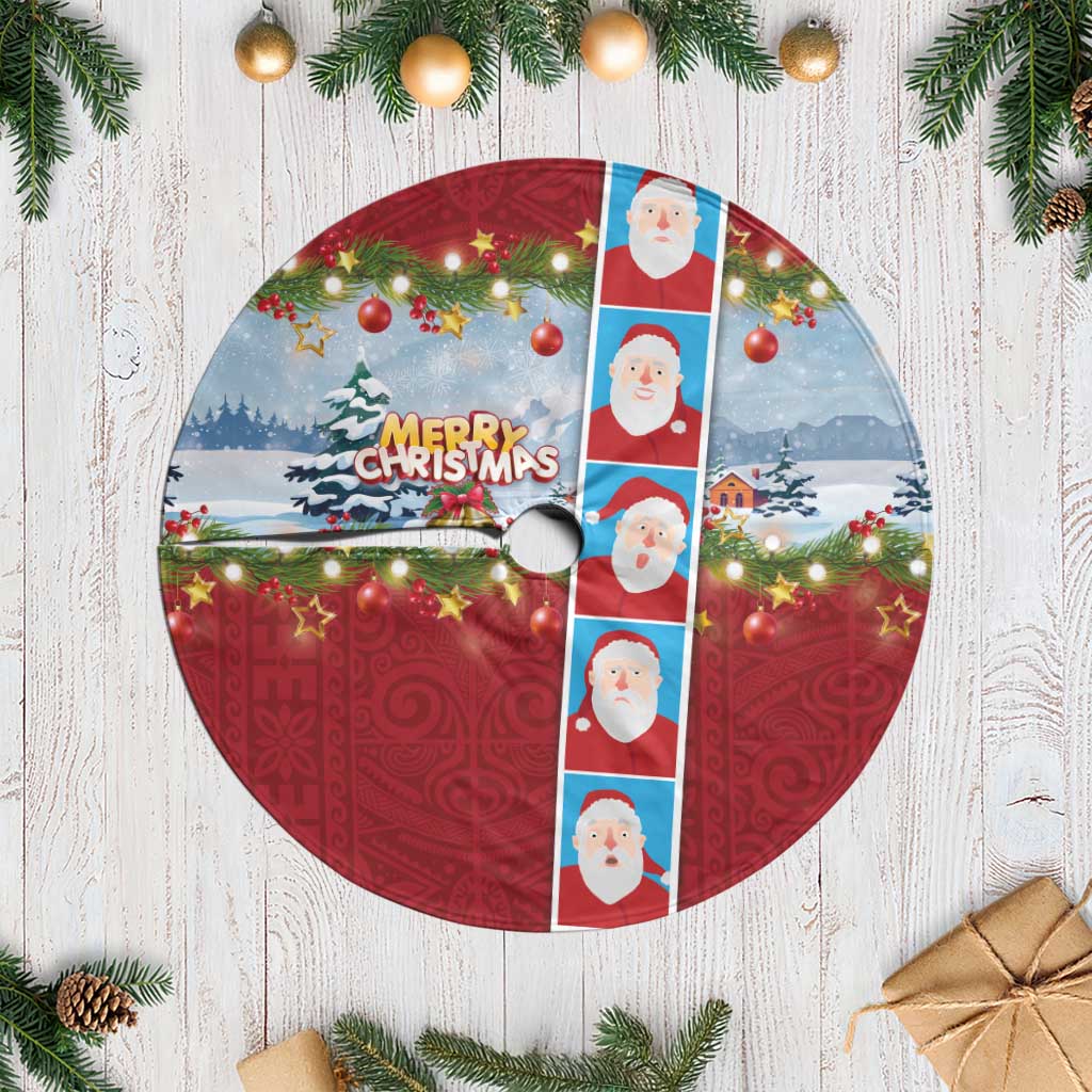 Merry Christmas Tree Skirt Funny Santa Claus Cards Photo and Polynesian Pattern Red Color