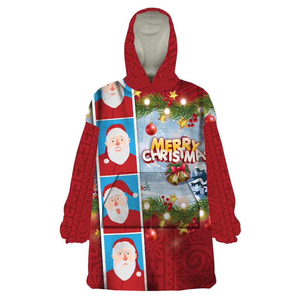 Merry Christmas Wearable Blanket Hoodie Funny Santa Claus Cards Photo and Polynesian Pattern Red Color