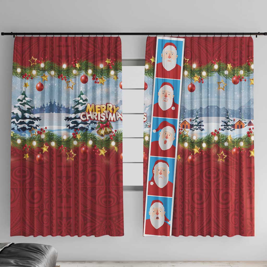 Merry Christmas Window Curtain Funny Santa Claus Cards Photo and Polynesian Pattern Red Color LT03 With Hooks Red - Polynesian Pride