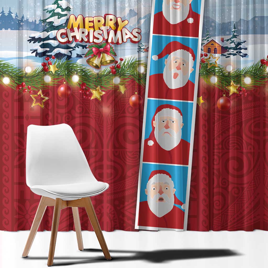 Merry Christmas Window Curtain Funny Santa Claus Cards Photo and Polynesian Pattern Red Color LT03 - Polynesian Pride