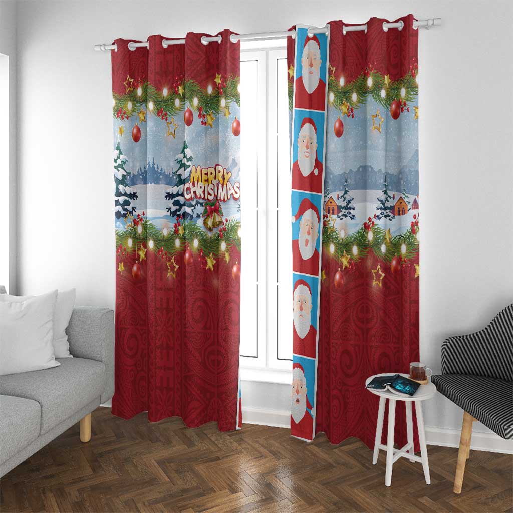 Merry Christmas Window Curtain Funny Santa Claus Cards Photo and Polynesian Pattern Red Color LT03 With Grommets Red - Polynesian Pride