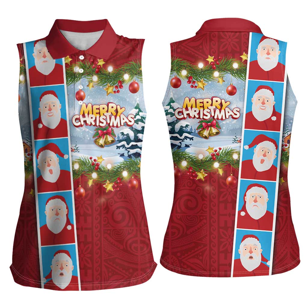 Merry Christmas Women Sleeveless Polo Shirt Funny Santa Claus Cards Photo and Polynesian Pattern Red Color