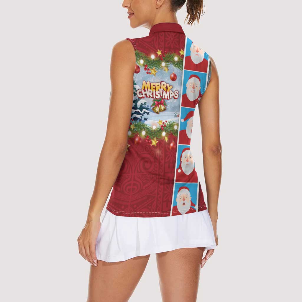 Merry Christmas Women Sleeveless Polo Shirt Funny Santa Claus Cards Photo and Polynesian Pattern Red Color