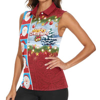Merry Christmas Women Sleeveless Polo Shirt Funny Santa Claus Cards Photo and Polynesian Pattern Red Color