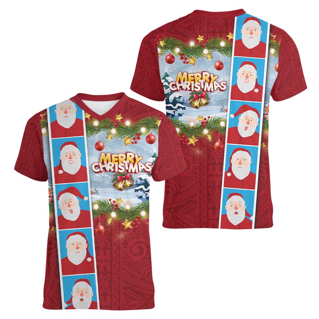 Merry Christmas Women V-Neck T-Shirt Funny Santa Claus Cards Photo and Polynesian Pattern Red Color