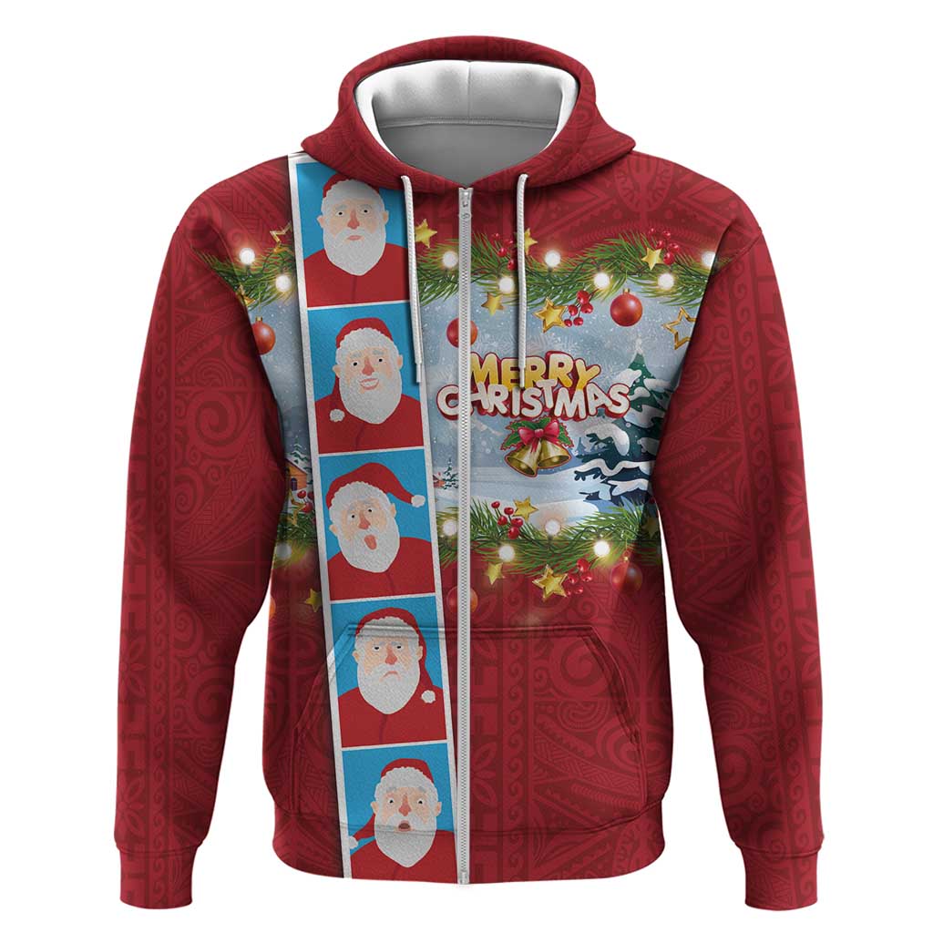 Merry Christmas Zip Hoodie Funny Santa Claus Cards Photo and Polynesian Pattern Red Color