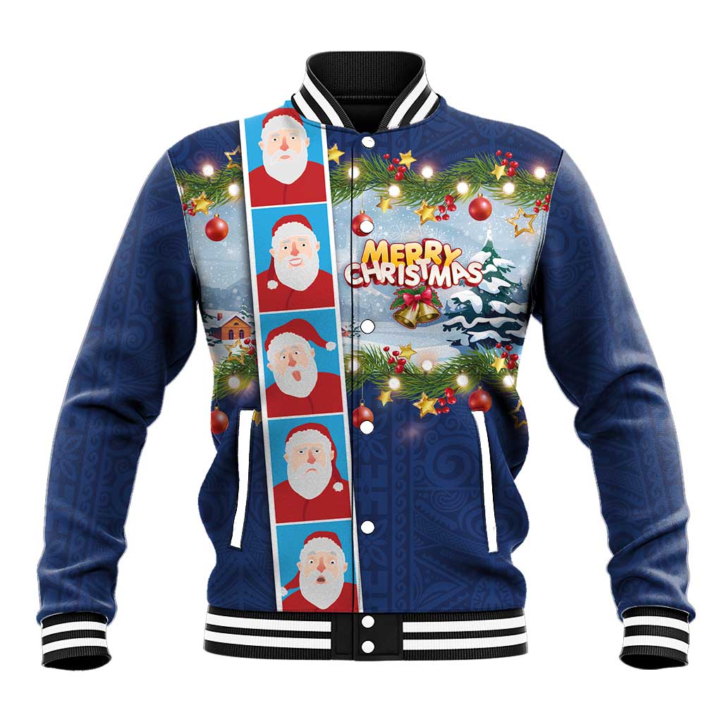 Merry Christmas Baseball Jacket Funny Santa Claus Cards Photo and Polynesian Pattern Blue Color LT03 Unisex Blue - Polynesian Pride