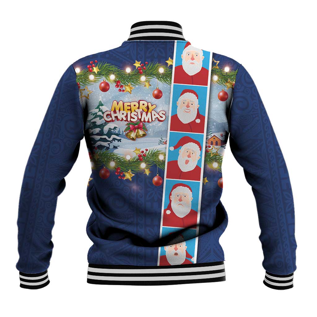 Merry Christmas Baseball Jacket Funny Santa Claus Cards Photo and Polynesian Pattern Blue Color LT03 - Polynesian Pride
