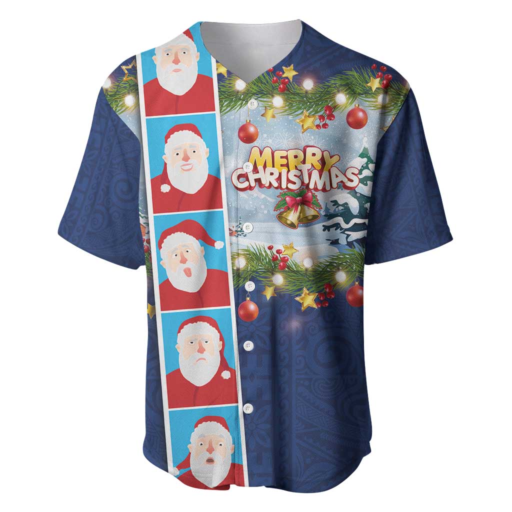 Merry Christmas Baseball Jersey Funny Santa Claus Cards Photo and Polynesian Pattern Blue Color