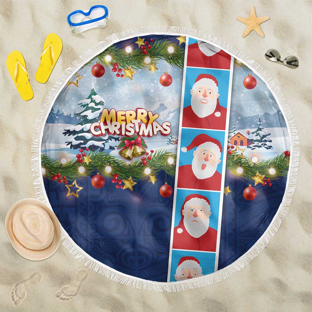 Merry Christmas Beach Blanket Funny Santa Claus Cards Photo and Polynesian Pattern Blue Color LT03 One Size 150cm Blue - Polynesian Pride