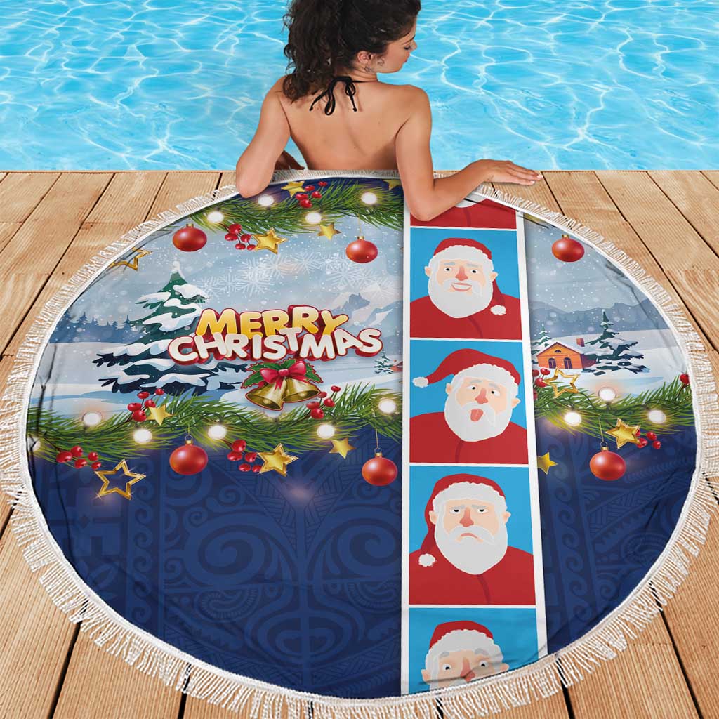 Merry Christmas Beach Blanket Funny Santa Claus Cards Photo and Polynesian Pattern Blue Color LT03 - Polynesian Pride