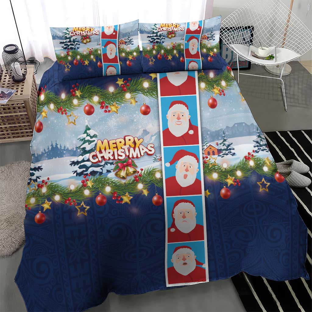 Merry Christmas Bedding Set Funny Santa Claus Cards Photo and Polynesian Pattern Blue Color LT03