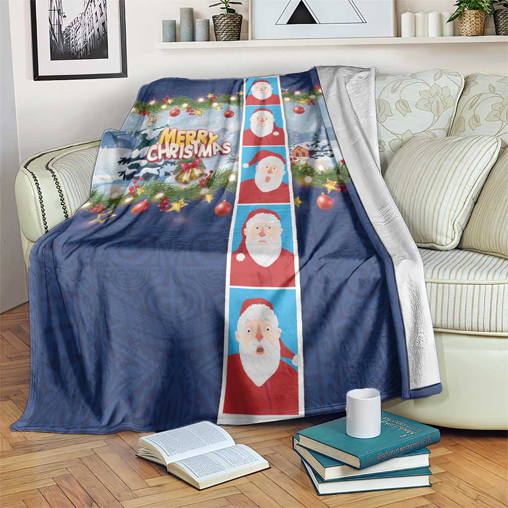 Merry Christmas Blanket Funny Santa Claus Cards Photo and Polynesian Pattern Blue Color LT03 Blue - Polynesian Pride