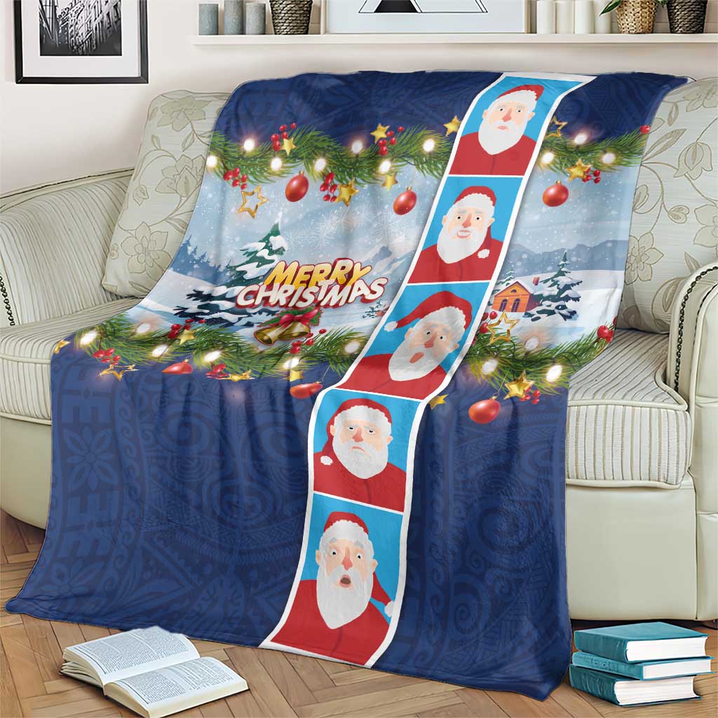 Merry Christmas Blanket Funny Santa Claus Cards Photo and Polynesian Pattern Blue Color LT03 - Polynesian Pride
